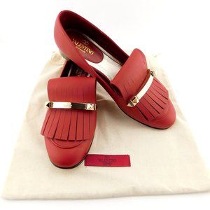 VALENTINO Rockstud Logo Bar Fringe Red Leather Slip-on Flat Loafers 38.5